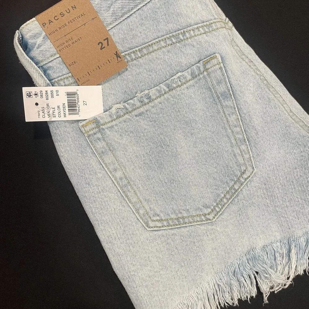 ~ NEW PacSun 27 Denim Festival Shorts Boho Acid Wash Rip Button High Waist Blue